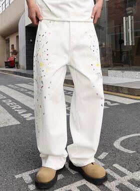 年秋款泼墨白色牛仔裤巴黎美式阔腿长直筒垂感裤子款卡朋特喷溅