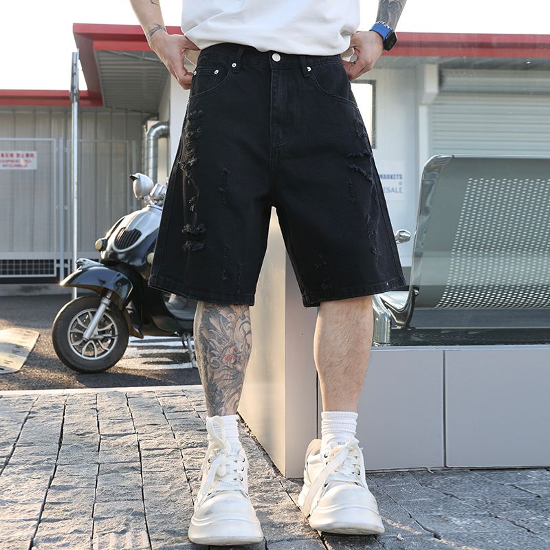 美式薄款休闲补丁五分潮人夏天直筒高街男士宽松ins中裤马裤子
