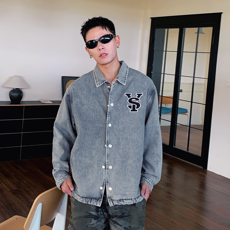 巴黎款美式复古风字母刺绣牛仔外套男衬衫宽松潮牌休闲工装夹克,男装,牛仔外套,淘宝优惠券,粉丝福利购,淘宝优惠卷