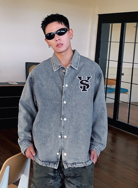 巴黎款美式复古风字母刺绣牛仔外套男衬衫宽松潮牌休闲工装夹克