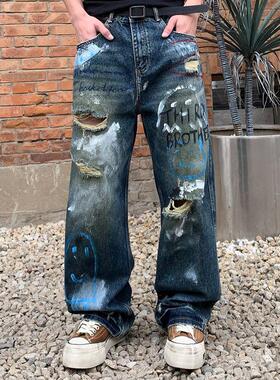 潮痞帅法国巴黎JFU水洗嘻哈炸乞丐泼墨潮流男宽松牛仔裤