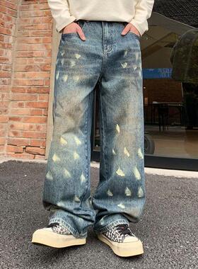 巴黎风高街牛仔裤男高端长裤休闲宽松直筒A字做旧脏脏