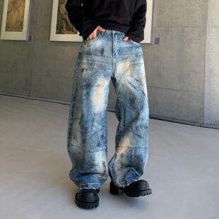 巴黎风格美式复古高街潮牌宽松直筒弯刀牛仔裤男女款阔腿裤长裤子