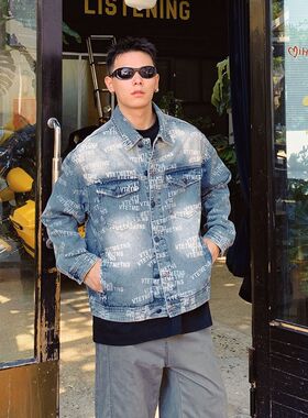 巴黎款潮牌美式复古字母满印花牛仔外套男宽松潮流百搭翻领夹克