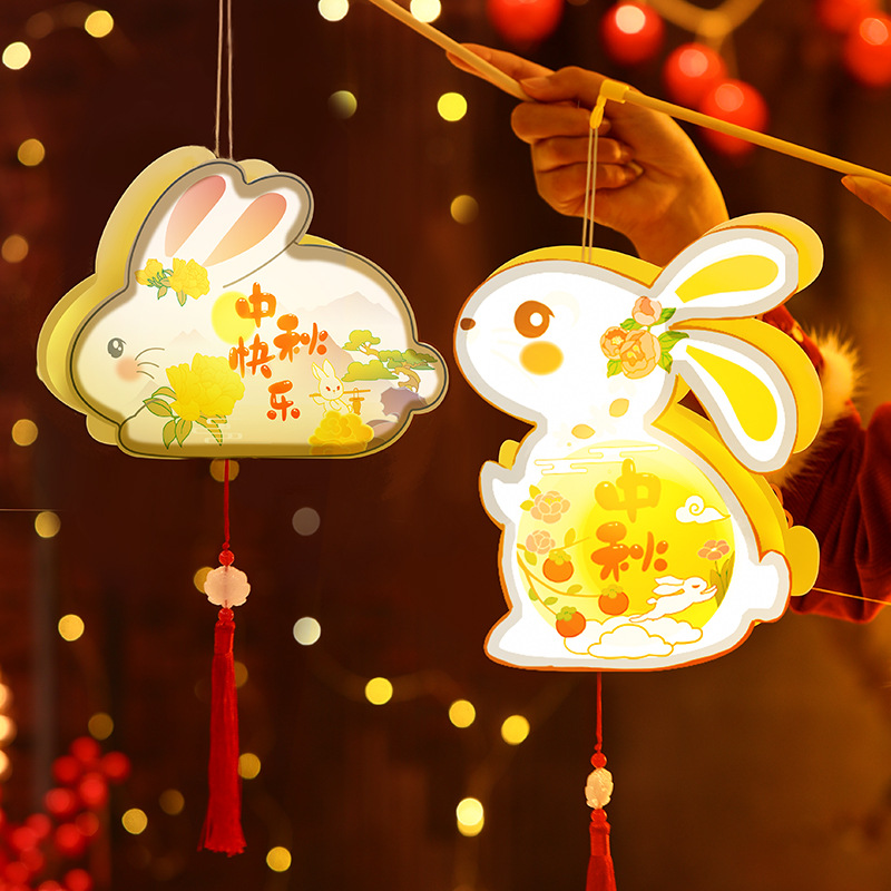 中秋节国风兔子灯笼手工diy儿童制作材料包古风木质玉兔花灯2025