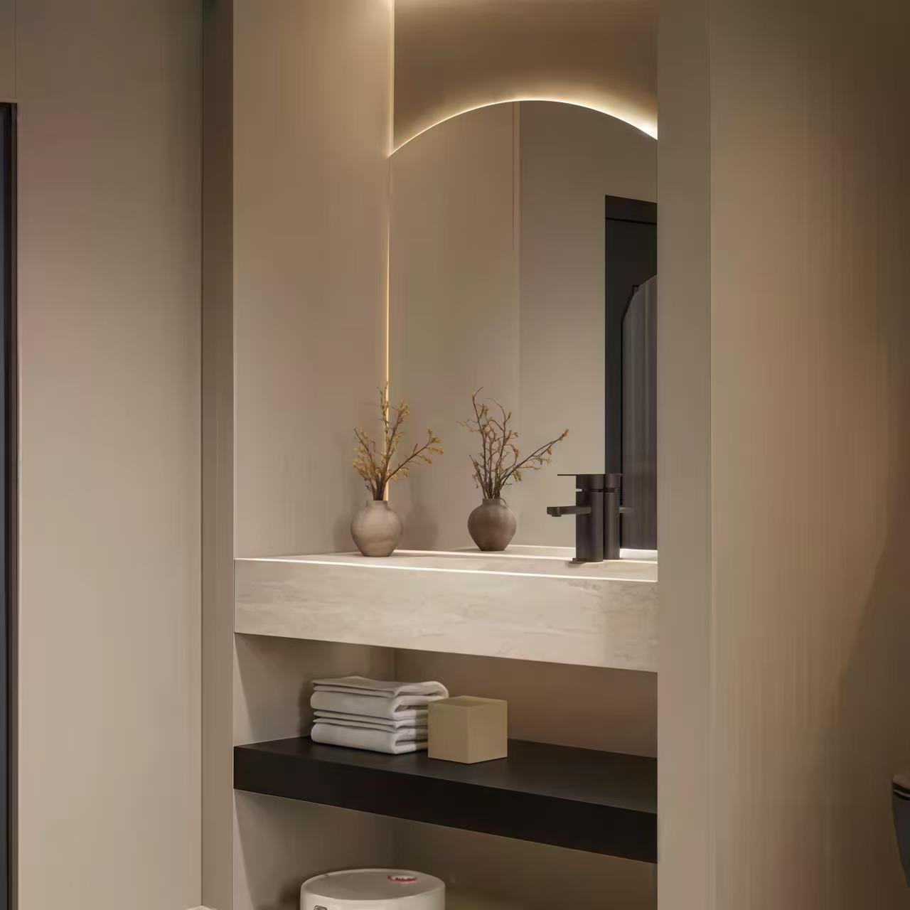 双层岩板热弯一体盆浴室柜组合酒店风卫生间洗手洗脸洗漱台盆定制