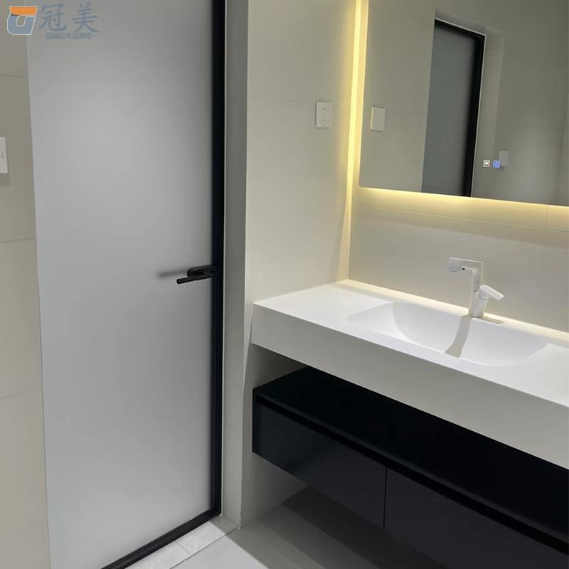 奶油风可丽耐一体盆橡木双层岩板浴室柜组合卫生间洗脸洗漱台盆柜