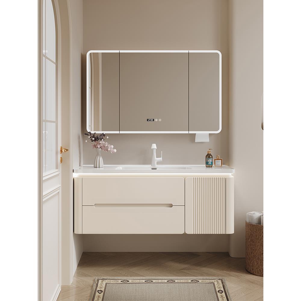 奶油风实木圆弧浴室柜组合卫生间陶瓷一体盆洗手洗脸盆卫浴洗漱台