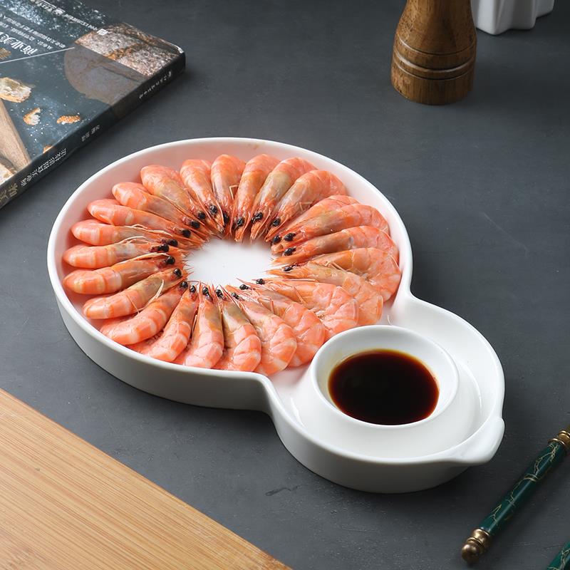 纯白陶瓷水饺专用盘虾盘酒店异形餐盘带醋碟精致简约高级感葫芦盘