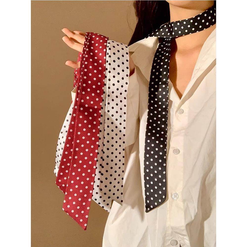 百搭波点丝巾女细长条2025新款春夏黑白色丝带系脖高级感领巾飘带