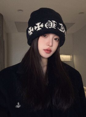 黑色字母印花针织帽女秋冬保暖护耳堆堆帽潮流毛线帽潮牌美式复古