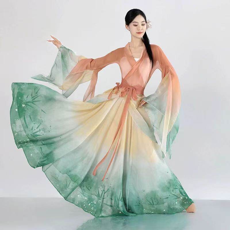 古典舞蹈服女飘逸渐变大袖衫身韵纱衣仙气大摆裙汉唐中国舞演出服