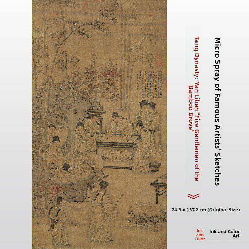 唐代阎立本 竹林五君图 微喷打印古画人物临摹画稿学习参考大图