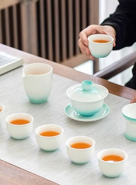 羊脂玉陶瓷茶具套装窑变蓝色粉色盖碗茶杯整套功夫茶具礼盒装
