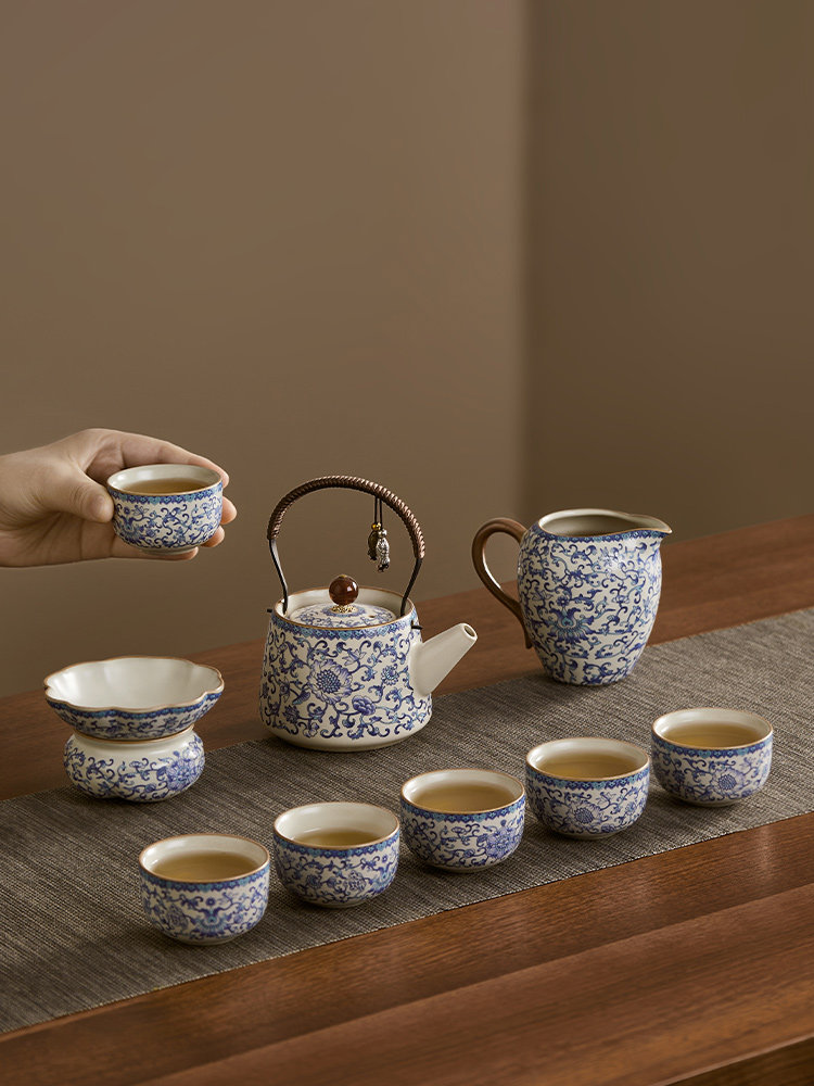 文白缠枝莲茶具套装覆古青花提梁壶功夫茶具家用陶瓷泡茶壶整套