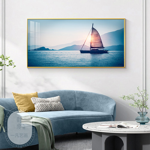 蓝色横版客厅沙发背景墙画大海水一帆风顺装饰画帆船波浪风景挂画