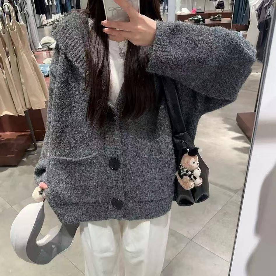 加厚版！慵懒风连帽单排扣毛衣开衫女春装新款韩版宽松针织衫外套