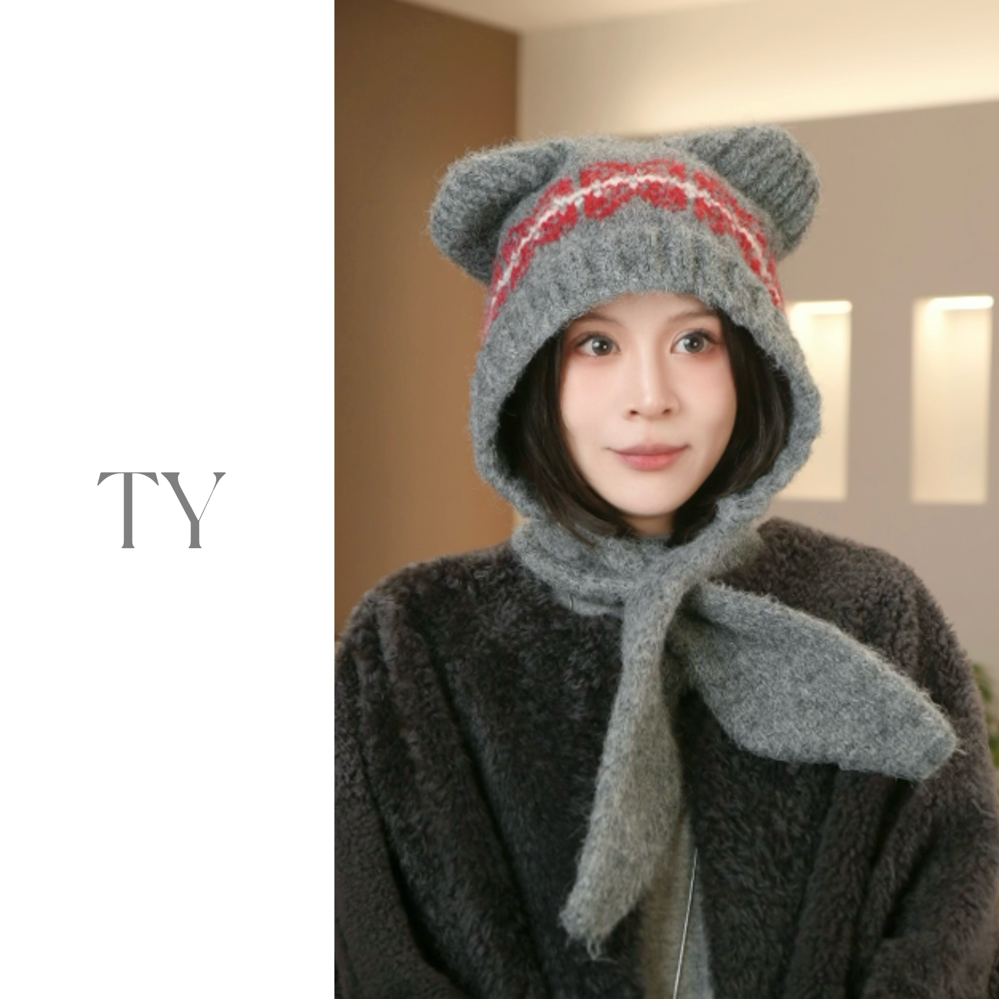 2025秋冬新款羊毛混纺小熊帽子美拉德显脸小保暖护耳围巾一体时尚