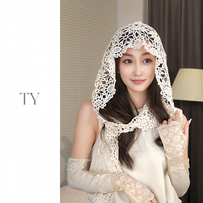 2026新款时尚女士四季镂空钩花蕾丝多用披肩帽子旅游拍照神器
