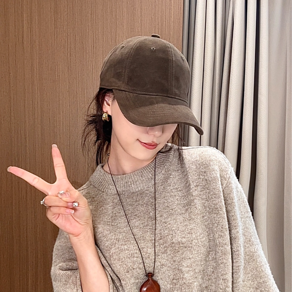太一 翻毛皮高级日系复古时尚纯色显脸小气质百搭款棒球帽大头围