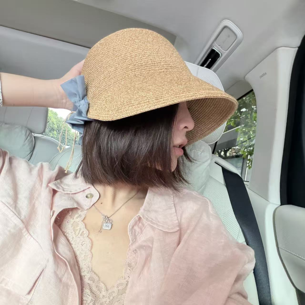 “夏日倾情”法式 抽绳褶皱蝴蝶结草编渔夫帽女款百搭防晒显脸小