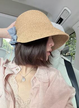 “夏日倾情”法式 抽绳褶皱蝴蝶结草编渔夫帽女款百搭防晒显脸小