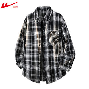 团购定制 休闲翻领外套潮男衬衣 回力复古格子衬衫 男港风宽松长袖