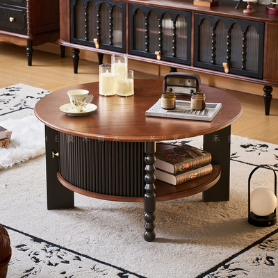 法式复古风白蜡木实木茶几电视柜组合客厅小户型圆形中古风小茶桌