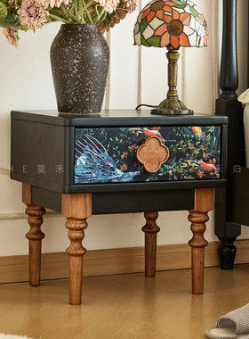 法式中古风小型床头柜实木白蜡木卧室小户型家用收纳床边柜储物柜