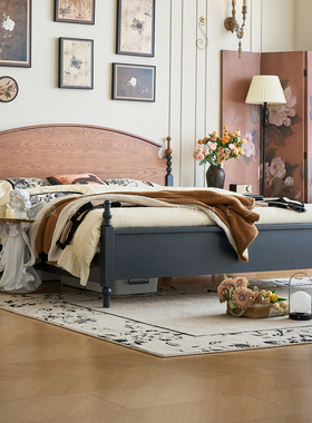 法式复古实木床1米8白蜡木卧室双人床1.5m美式中古风小耳朵半圆床