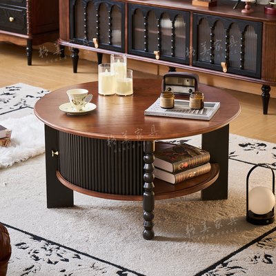 法式复古风白蜡木实木茶几电视柜组合客厅小户型圆形中古风小茶桌
