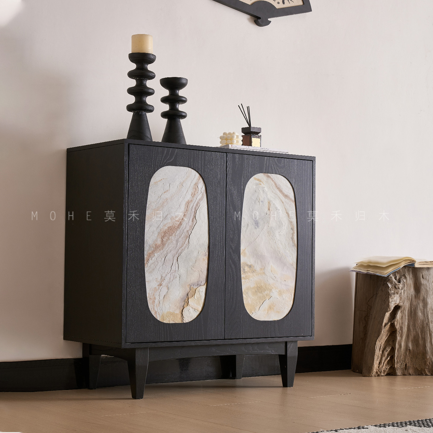 法式复古风黑色实木斗柜客厅卧室储物柜大理石纹双门收纳储物柜子
