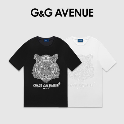 法国G&G AVENUE夏季纯棉重磅短袖T恤男老虎头烫钻上衣宽松打底衫