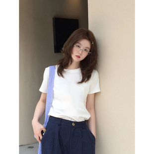气质圆领体恤纯棉上衣 设计感小众纯色短袖 t恤女夏季 韩版 正肩修身
