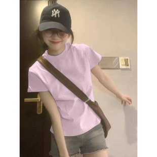 搭配上衣 夏日正肩圆领短袖 T恤女设计感纯色修身 显瘦流行 女装