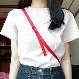 白色正肩纯棉T恤女短袖 修身 美式 夏季 百搭别致上衣ins 纯色短款 时尚