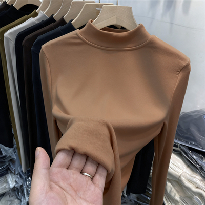 新款修身基础长袖chic咖色上衣女