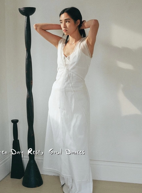 SerOra 白色双层刺绣蕾丝法式连衣裙气质V领无袖背心裙高级感长裙