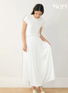 SerOra 垂坠感白色半身裙可调节腰头排扣A字百褶裙温柔显瘦半裙女