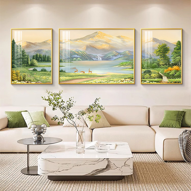 聚宝盆客厅装饰画轻奢高级感沙发背景墙挂画西墙聚财山水三联壁画