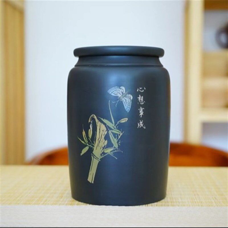 建水紫陶全手工制作密封茶叶罐 刻填装饰窑变357克醒茶罐天然泥料