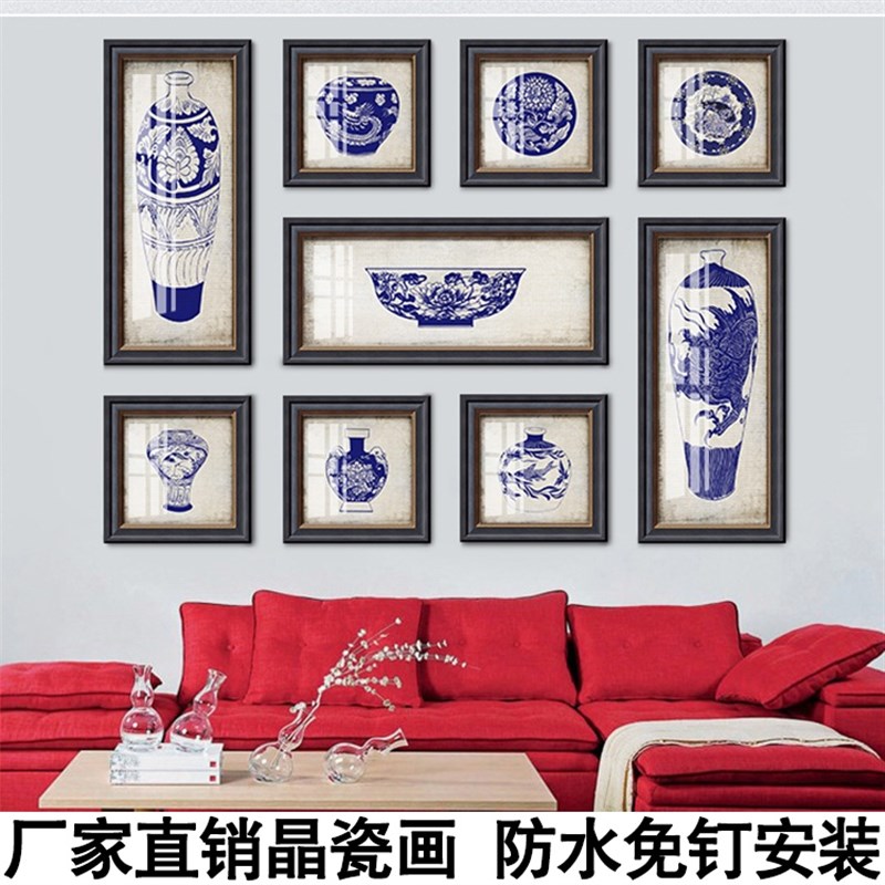 中式青花瓷碗花瓶客厅背景墙装饰画饭店餐厅楼道口照片墙组合挂画图片