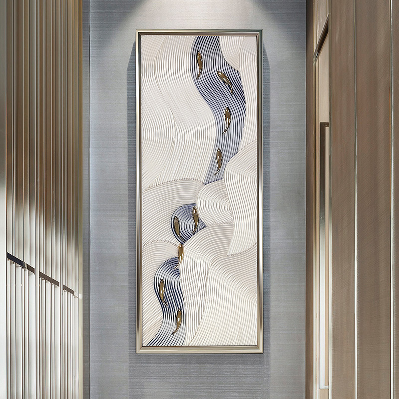 玄关走廊过道立体装饰画别墅挑高楼梯竖版挂画纸艺电镀招财九鱼图图片