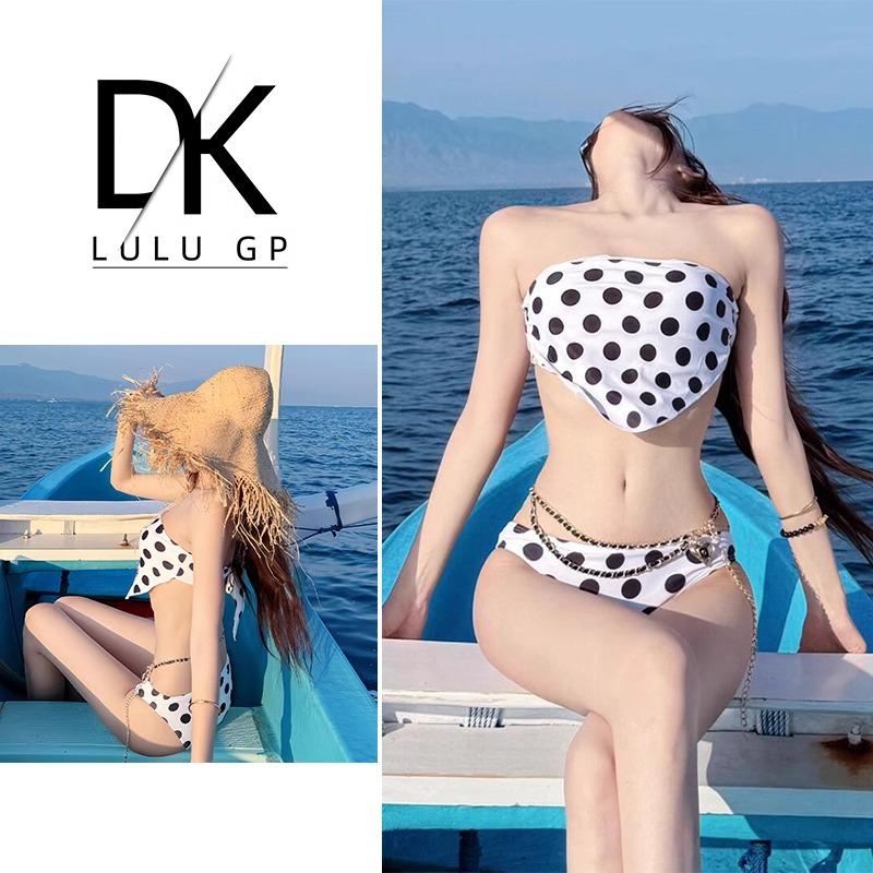 DK白色波点抹胸分体泳衣女款泡温泉三件套性感小胸聚拢度假比基尼