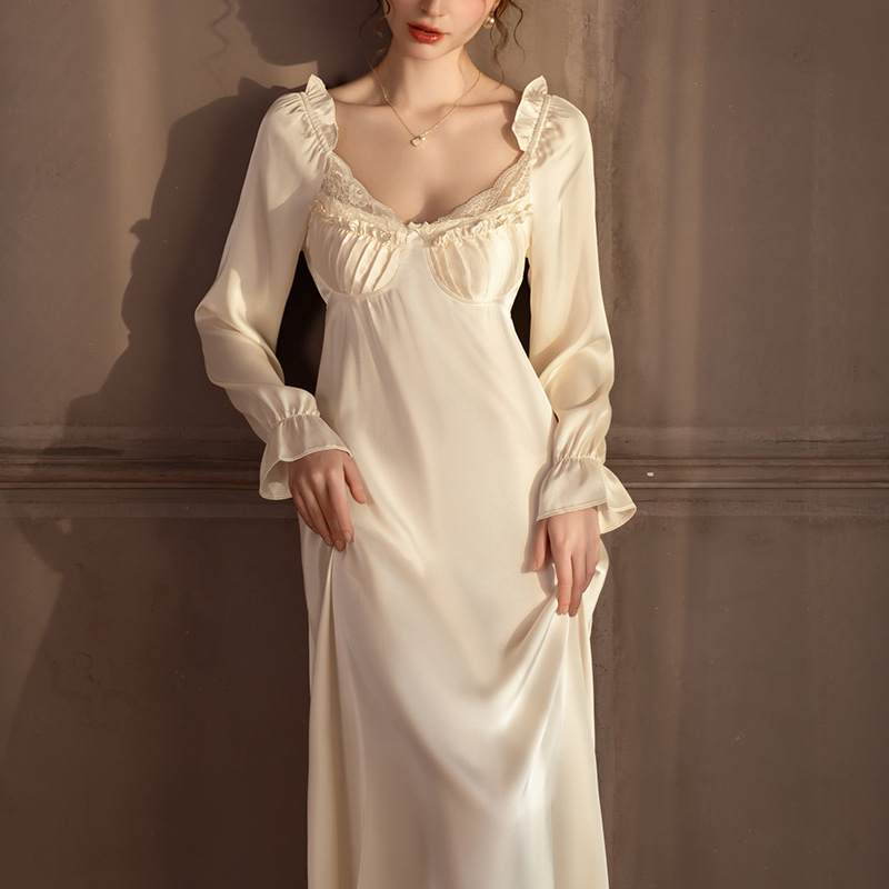 法式性感真丝睡衣女带胸垫丝绸长袖公主风睡裙长裙家居服礼盒装