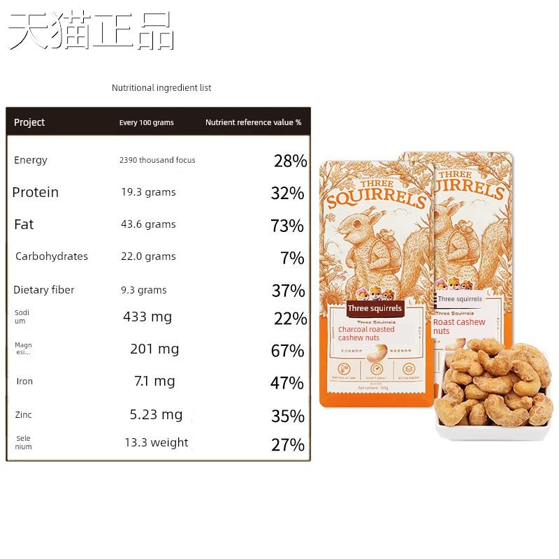 一祇三祇松鼠炭烤腰果160G/袋休闲坚果即食果干特色小吃