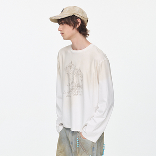 设计感T恤男 匹马棉街头涂鸦做旧水洗破坏印花长袖 Azure Lisseur