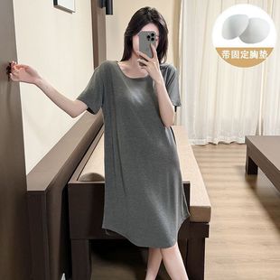 睡裙宽松可外穿家居服 彩棉睡衣女夏季 新款 韩版 简约休闲带胸垫短袖