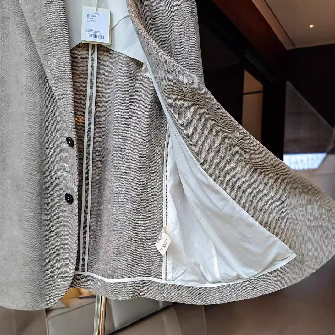 现货意大利软亚麻色织西服外套女