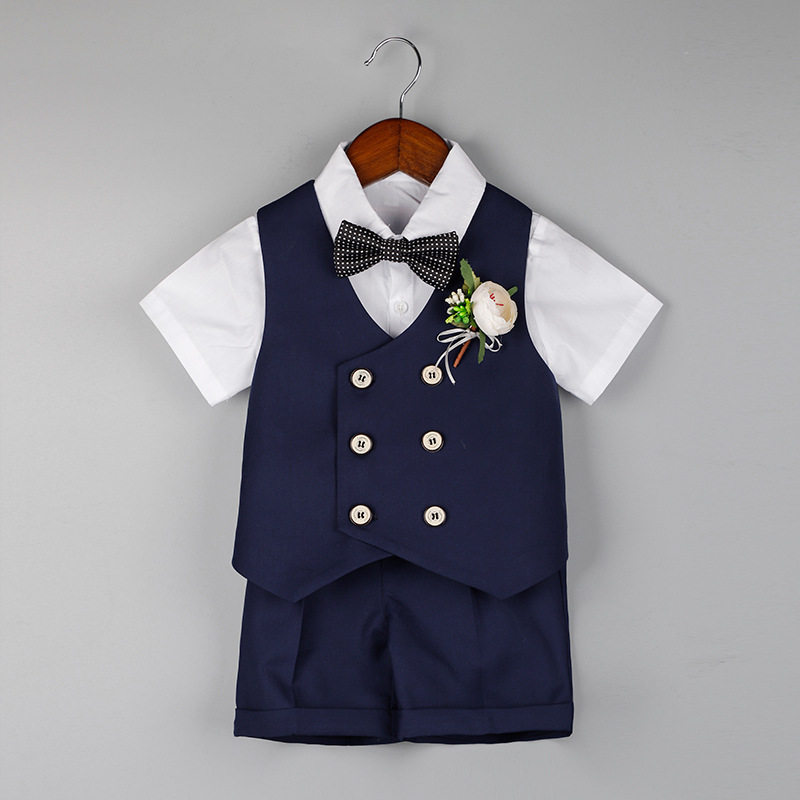 儿童套装新款春夏短袖马甲套男童花礼服中小童宝宝周岁生日宴会服